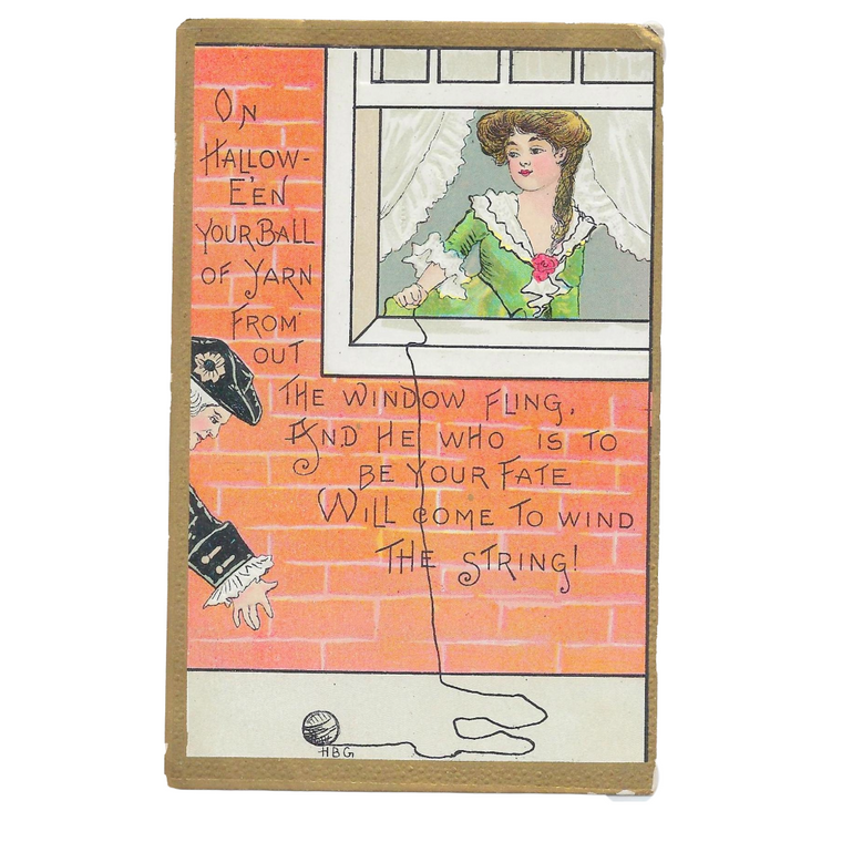 Antique 1910 Halloween Postcard by H.B. Griggs (HBG) - Victorian Ball of Yarn Divination Fortune, L. & E. Serie 2262