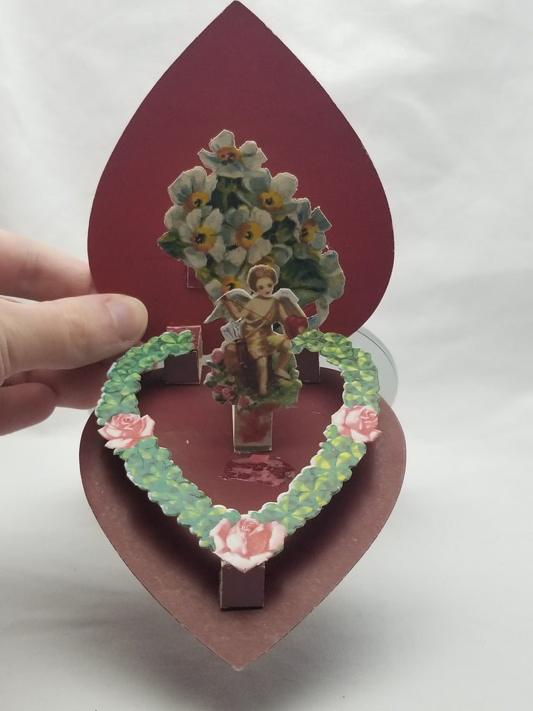 Vintage Valentine Die Cut Card Pop Up 3D Style Heart w/ Flowers Cupid Sweetheart