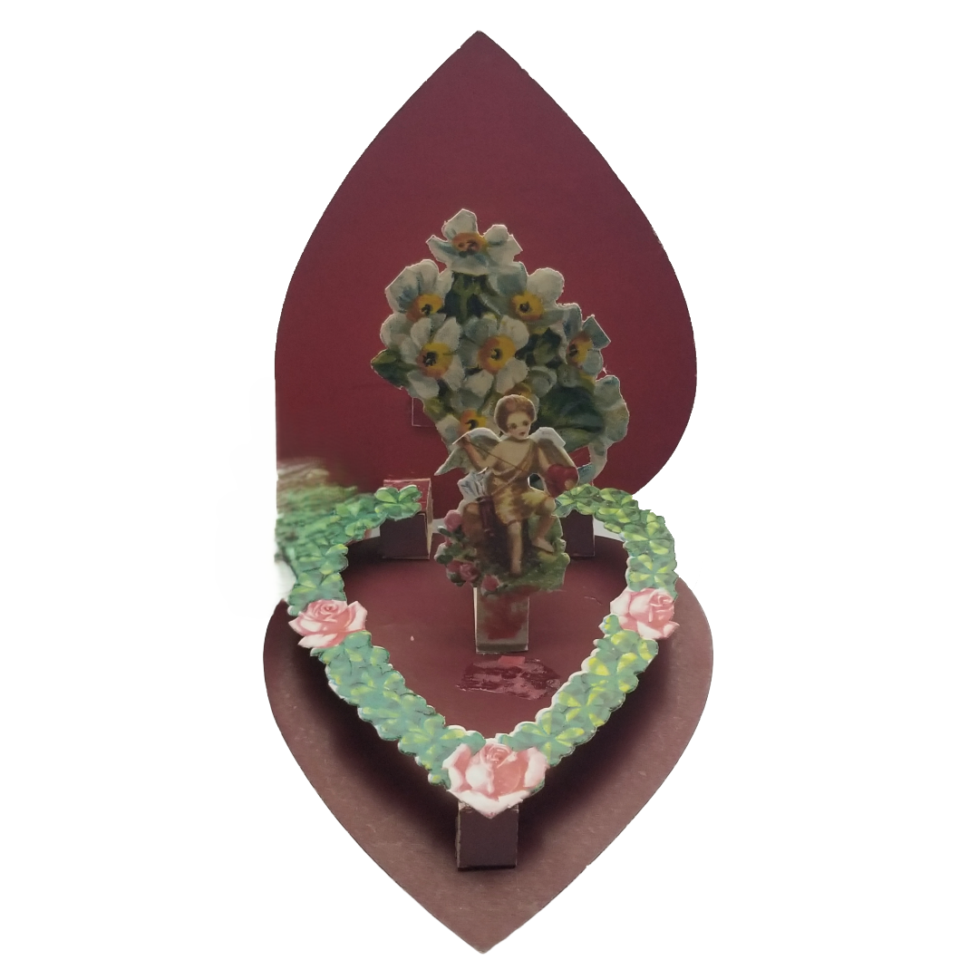 Vintage Valentine Die Cut Card Pop Up 3D Style Heart w/ Flowers Cupid Sweetheart