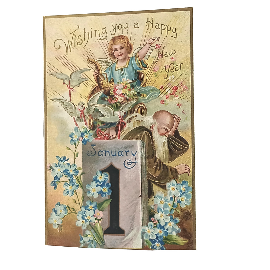 New Year Postcard Tuck Father Time w/ Cherub On Calendar Embossed Gold Background
