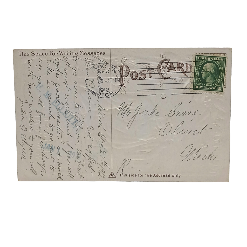 New Year Postcard Father Time Overlooking Calendar w/ Cherub in Door