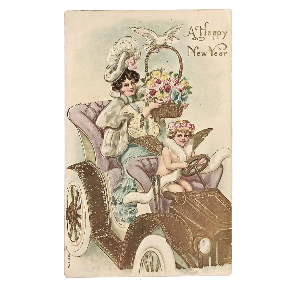 New Year Postcard Woman and Cherub In Golden Cab w/Birds and Flowers Embossed