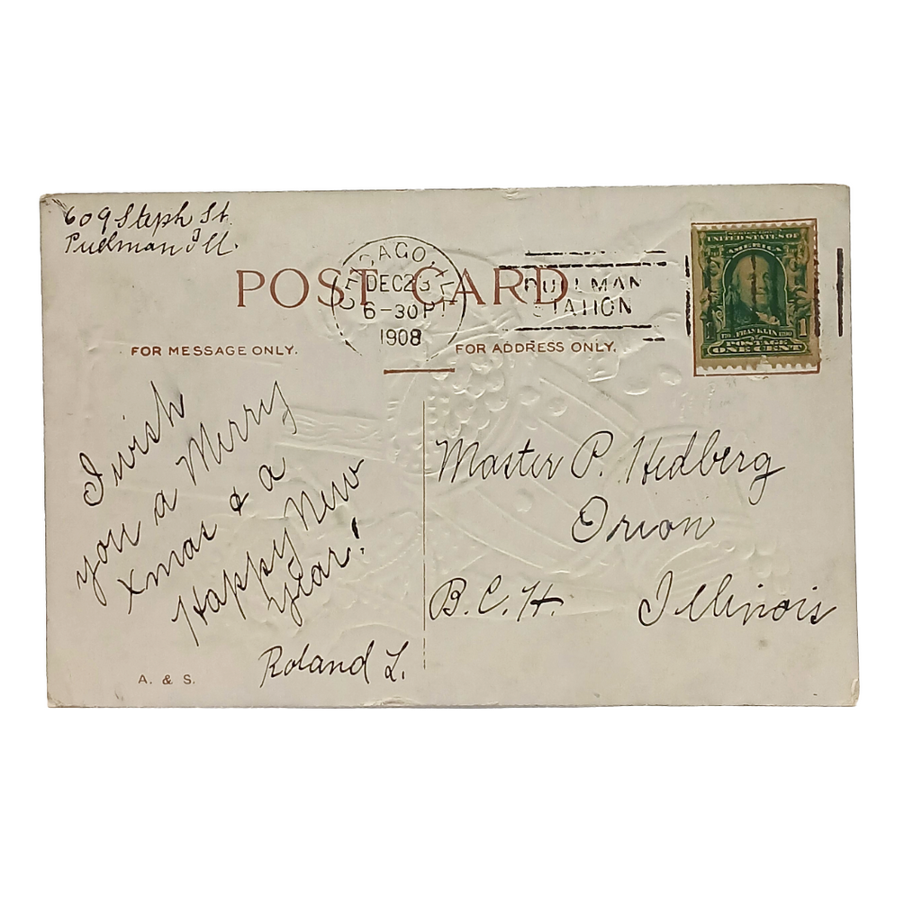 New Year Postcard Boys with Gold Filled Barrels Embossed Card