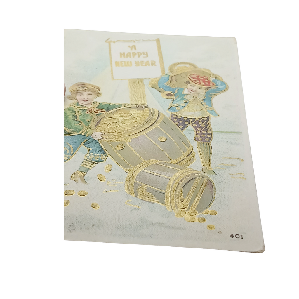 New Year Postcard Boys with Gold Filled Barrels Embossed Card