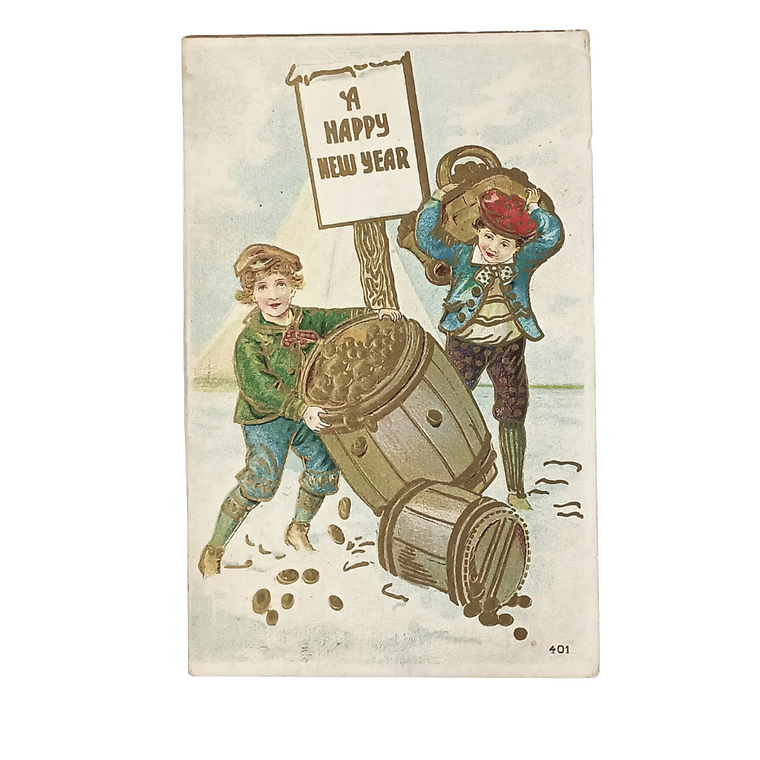 New Year Postcard Boys with Gold Filled Barrels Embossed Card