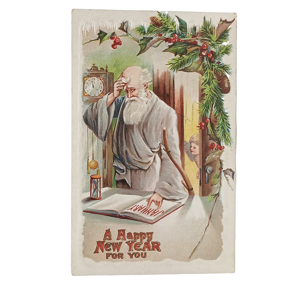 New Year Postcard Father Time Overlooking Calendar w/ Cherub in Door