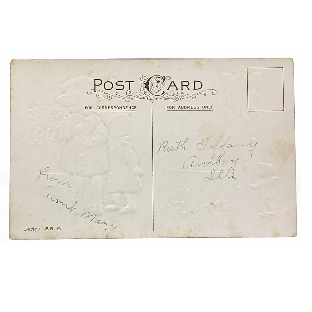 New Year Postcard Two Children Watching Cherub Play w/ Clock Series 56 B