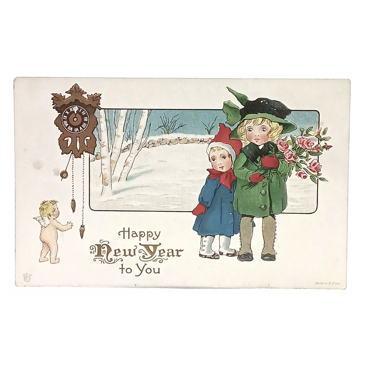 New Year Postcard Two Children Watching Cherub Play w/ Clock Series 56 B