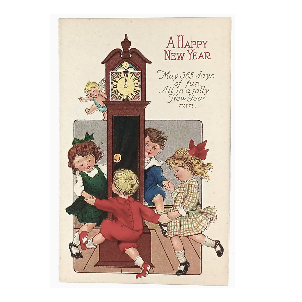 New Year Postcard Children Dancing Around Clock w/Cherub Series 1270
