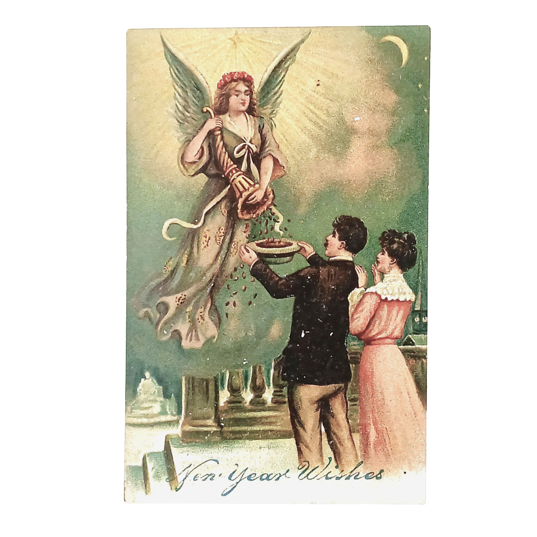 New Year Postcard Angel Dropping Gold Coins From Horn to a Couple Holding Hat
