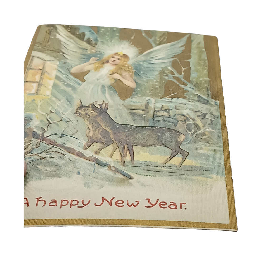 New Year Postcard Angel Peeking Through Window With Deer Gold Embossed