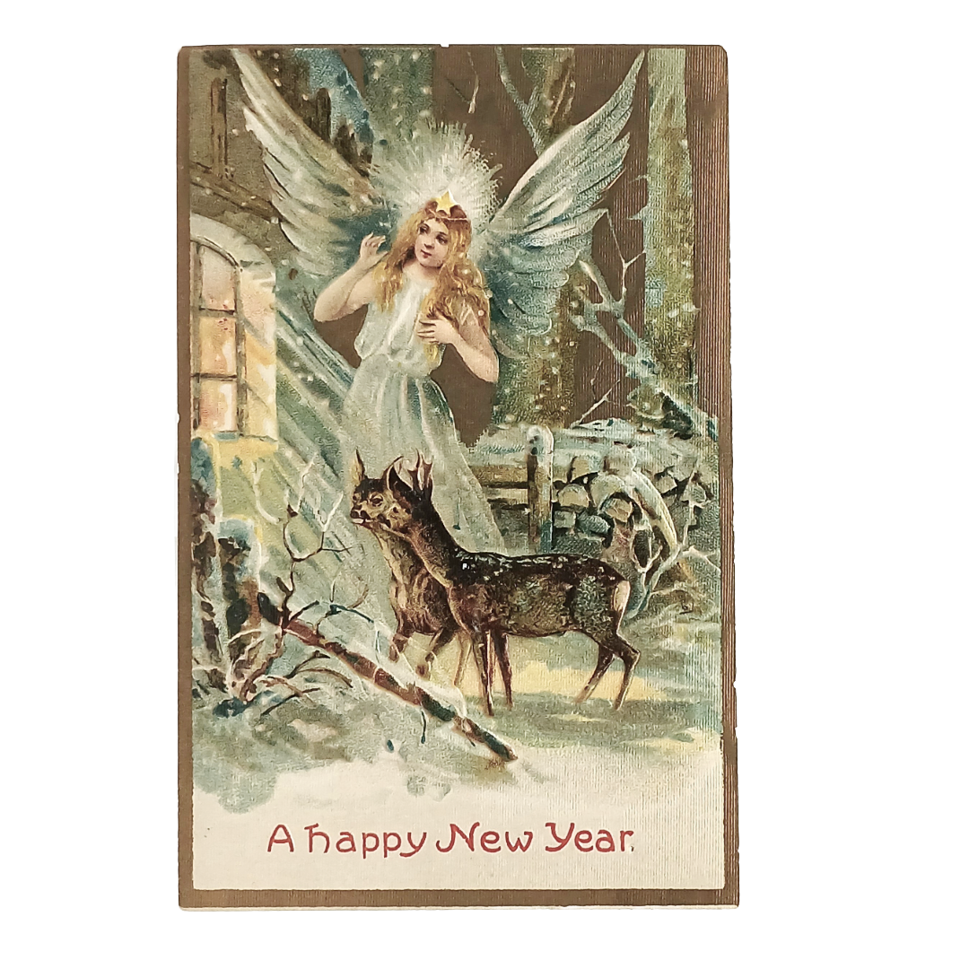 New Year Postcard Angel Peeking Through Window With Deer Gold Embossed