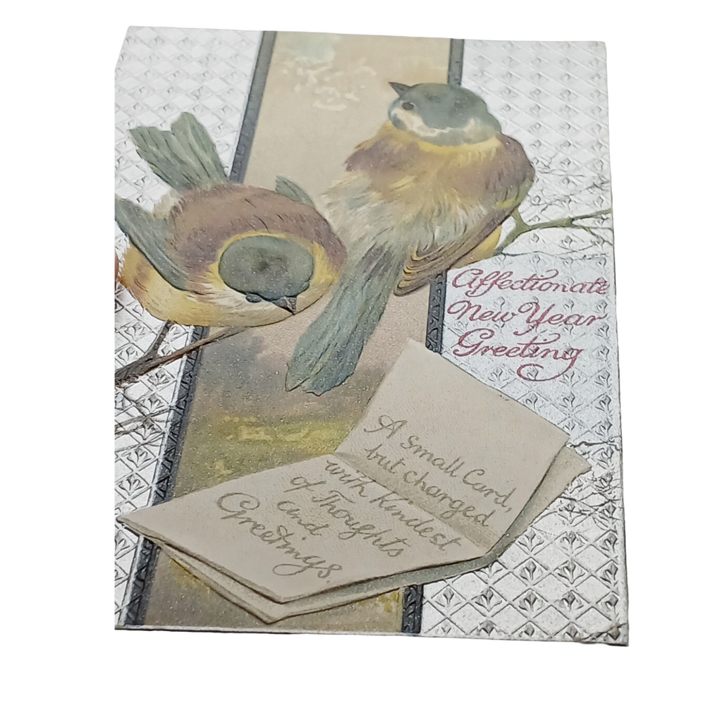 New Year Postcard Birds on Branch with Silver Background Embossed Card