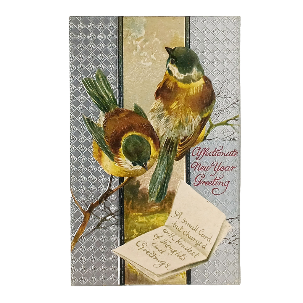New Year Postcard Birds on Branch with Silver Background Embossed Card