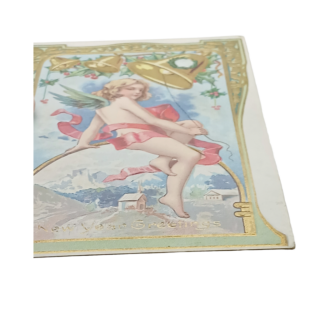 New Year Postcard Cherub Perched Atop Portrait Of Snowy House Embossed Series 22