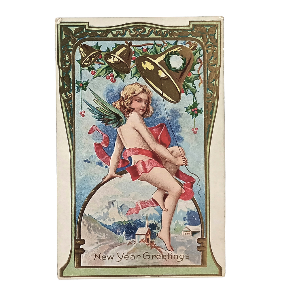 New Year Postcard Cherub Perched Atop Portrait Of Snowy House Embossed Series 22