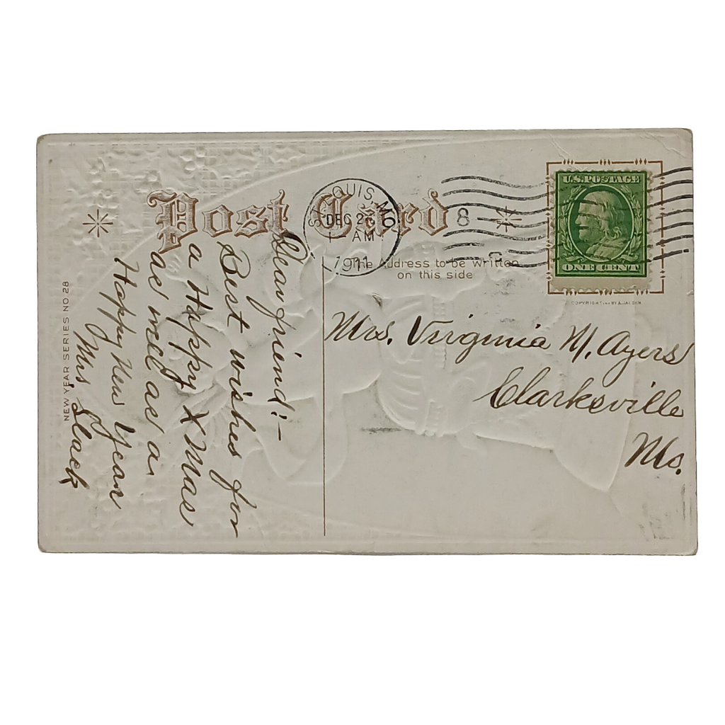 New Year Postcard Cherub Sitting On Bell Embossed Gold Background Series 28