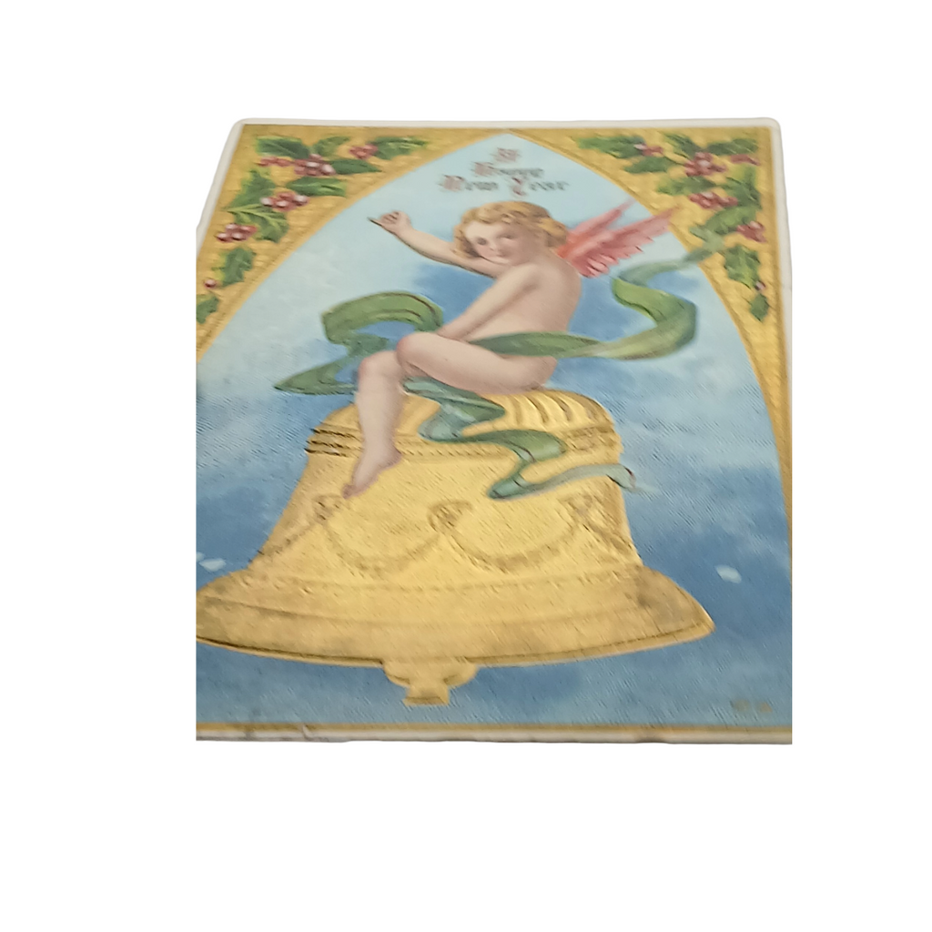 New Year Postcard Cherub Sitting On Bell Embossed Gold Background Series 28