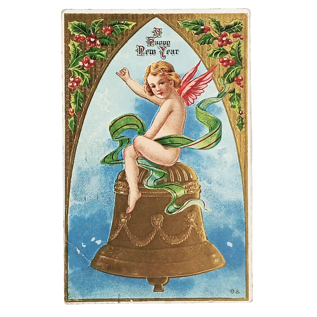 New Year Postcard Cherub Sitting On Bell Embossed Gold Background Series 28