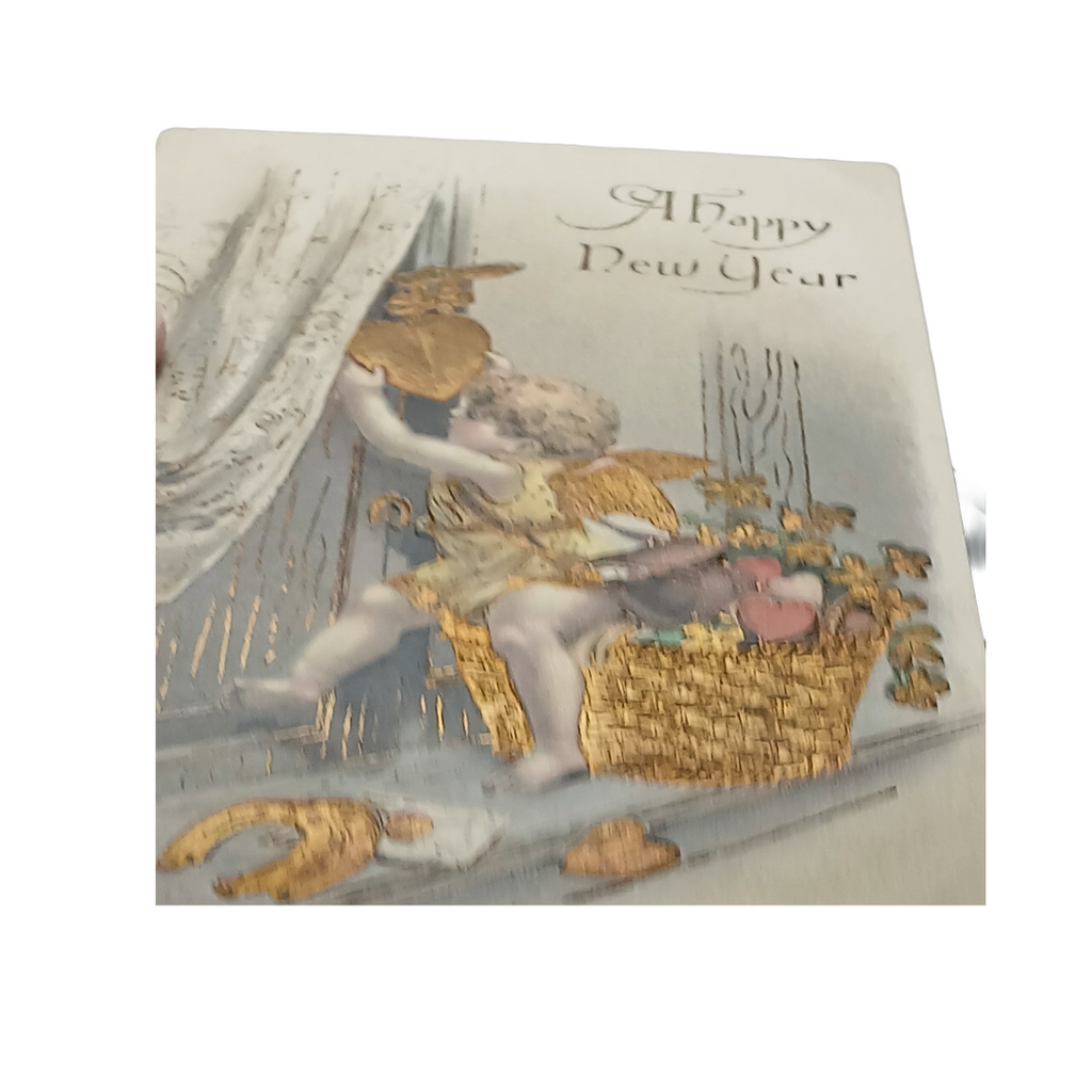 New Year Postcard Cherub With Basket Of Goodies Hanging Heart Series 266