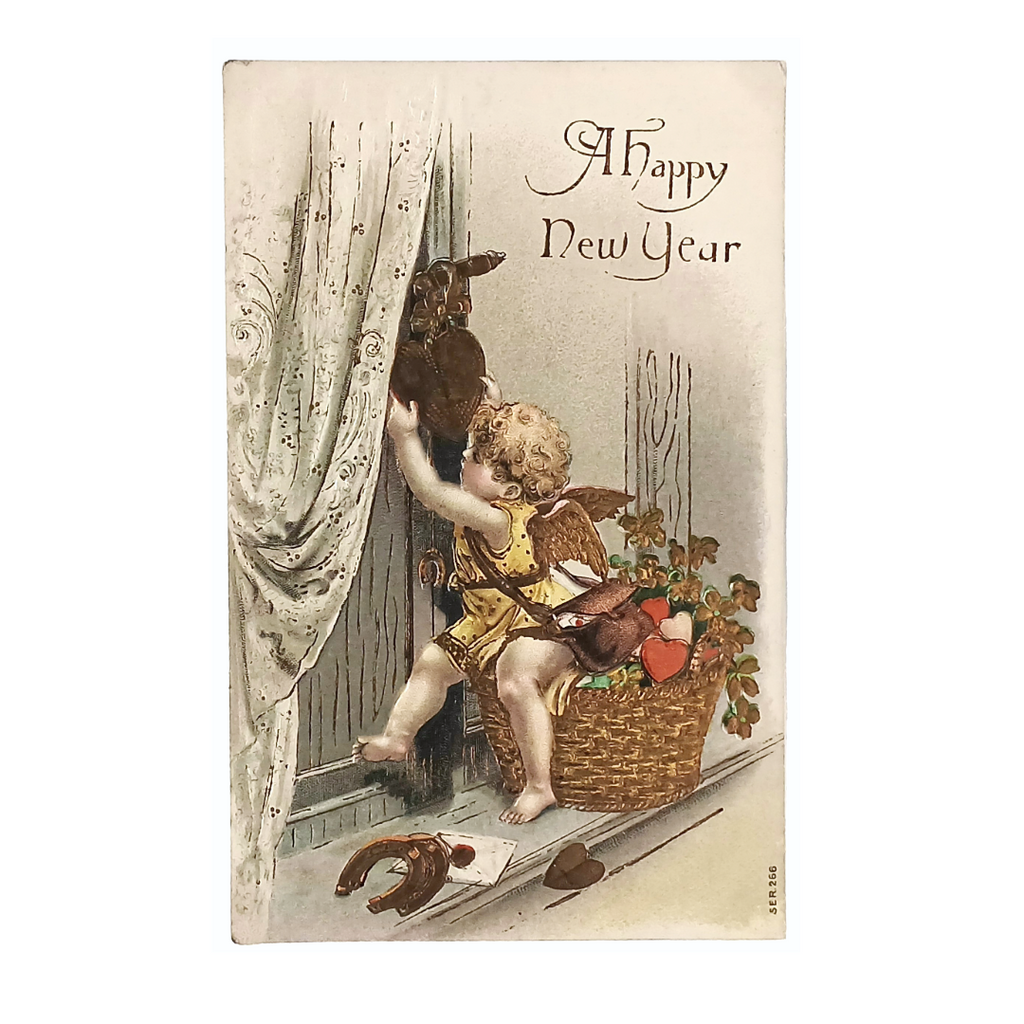 New Year Postcard Cherub With Basket Of Goodies Hanging Heart Series 266