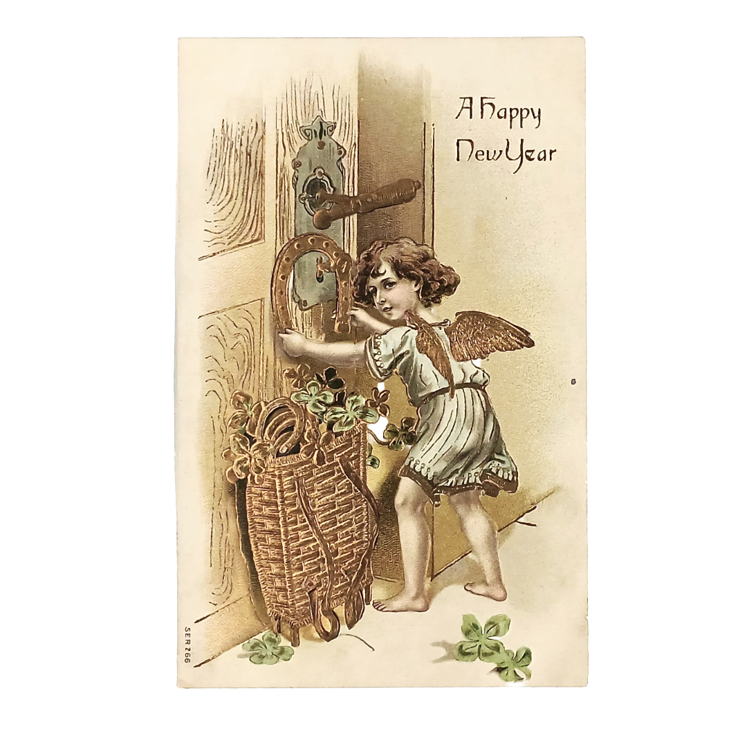 New Year Postcard Cherub Hanging Horseshoe on Door Gold Embossed