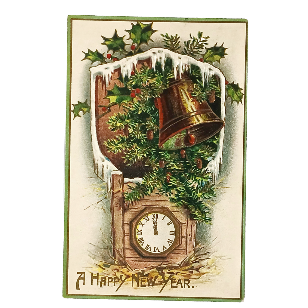 New Year Postcard Giant Bell Surrounded By Mistletoe Sitting Atop Clock Series 2206