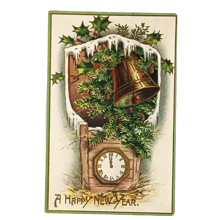New Year Postcard Giant Bell Surrounded By Mistletoe Sitting Atop Clock Series 2206