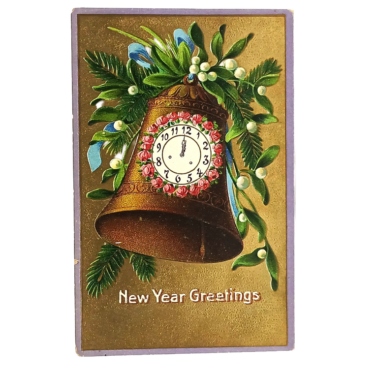 New Year Postcard Giant Gold Bell w/Clock Wrapped In Flowers and Holly