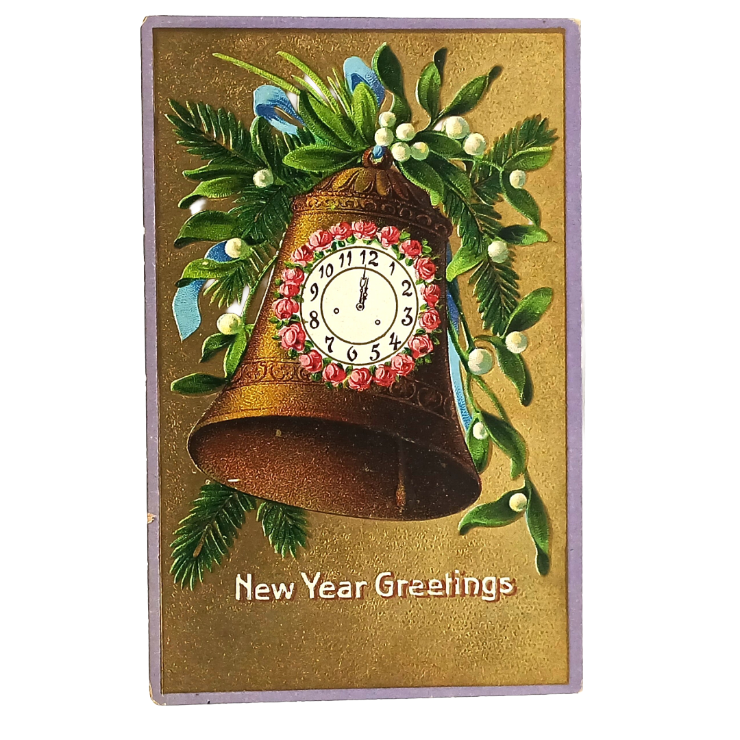 New Year Postcard Giant Gold Bell w/Clock Wrapped In Flowers and Holly