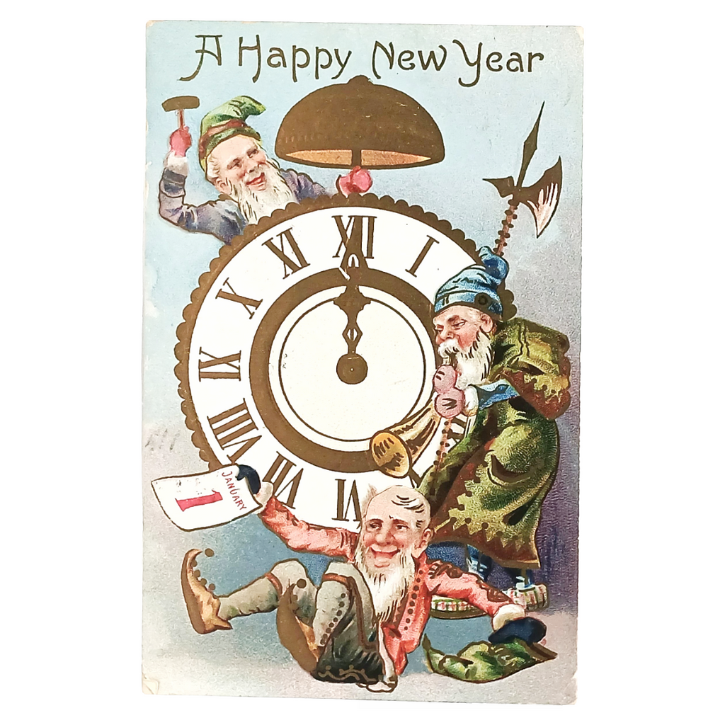 New Year's Postcard Elves Working on Time Clock Embossed Gold Germany
