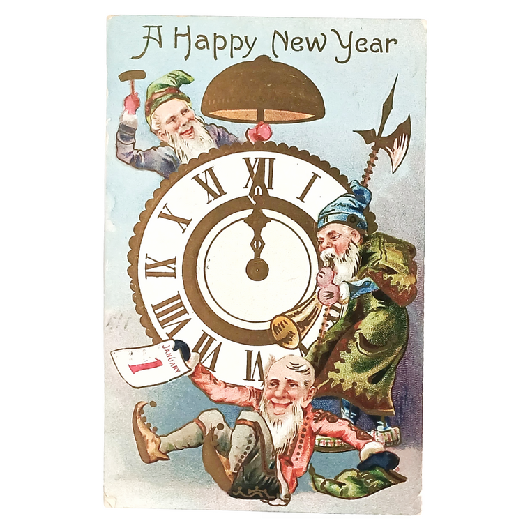 New Year's Postcard Elves Working on Time Clock Embossed Gold Germany
