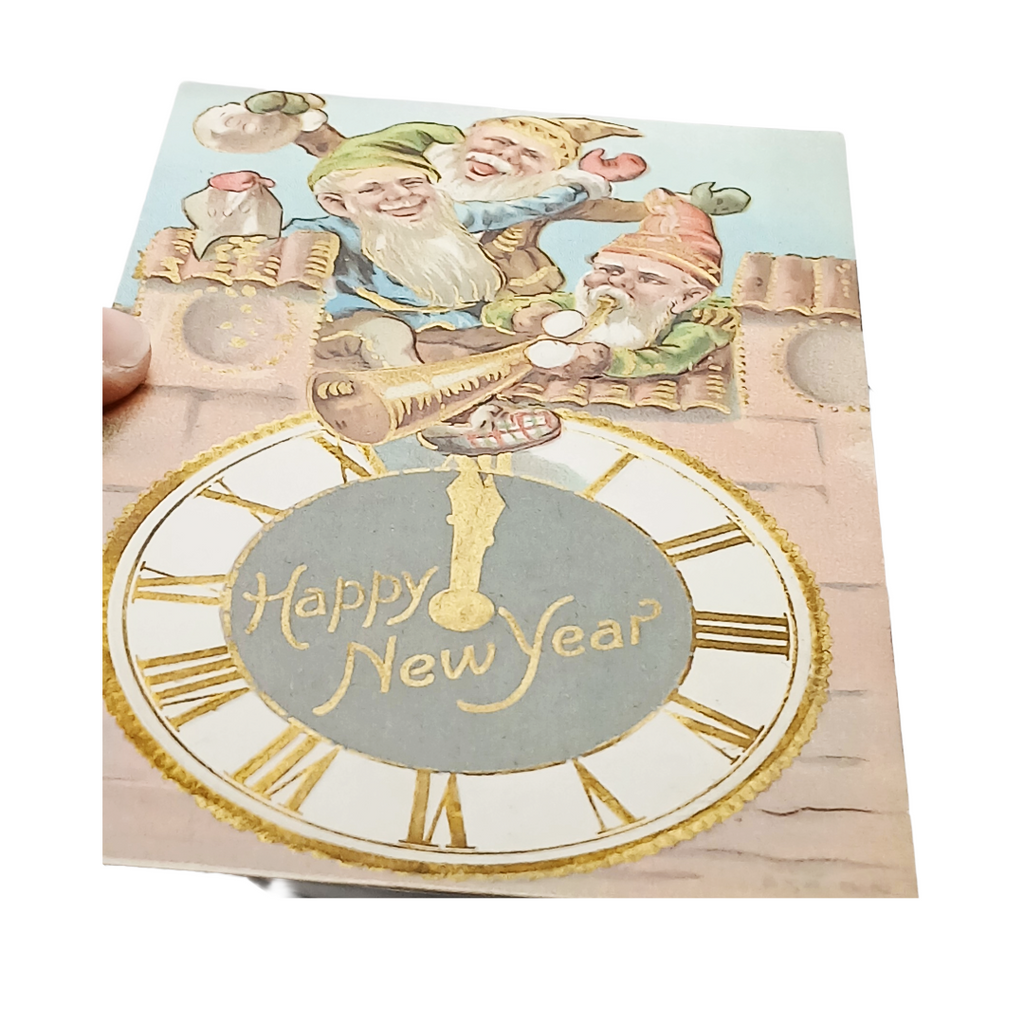 New Year's Postcard Gold Embossed Card Elves Celebrating Over Giant Time Clock
