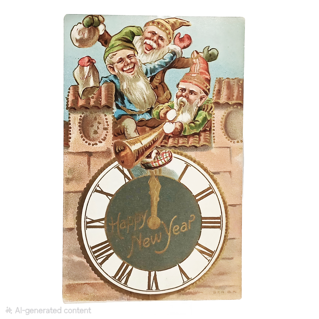New Year's Postcard Gold Embossed Card Elves Celebrating Over Giant Time Clock