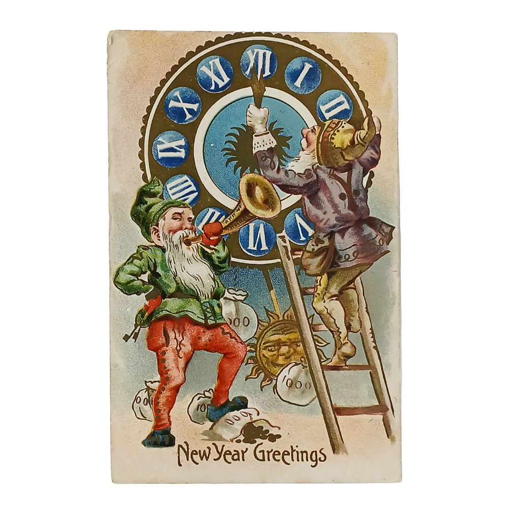 New Year's Postcard Gold Embossed Card Elves Celebrating and Cleaning Giant Clock