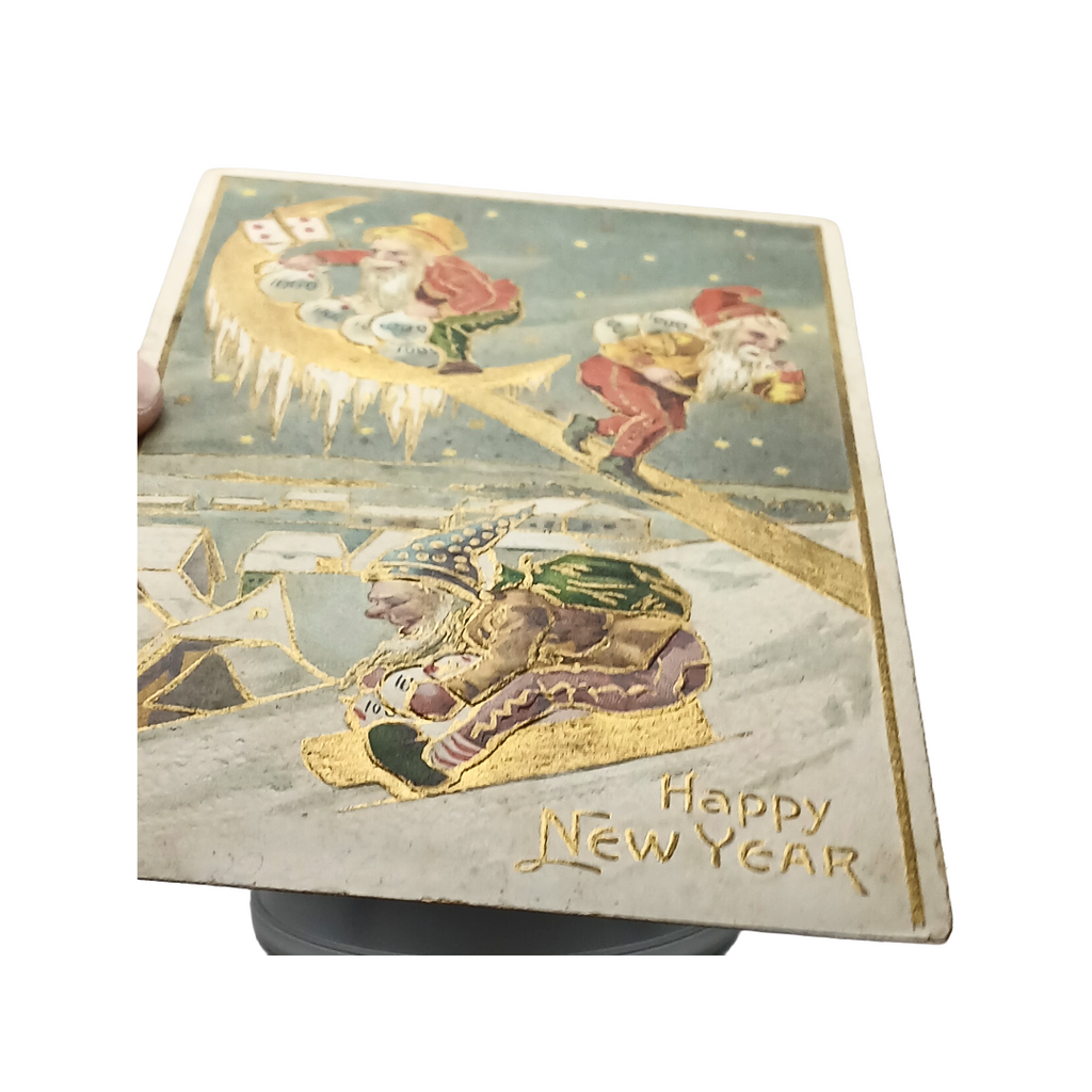 New Year's Postcard Gold Embossed Card Elves Stealing Money Bags from Moon