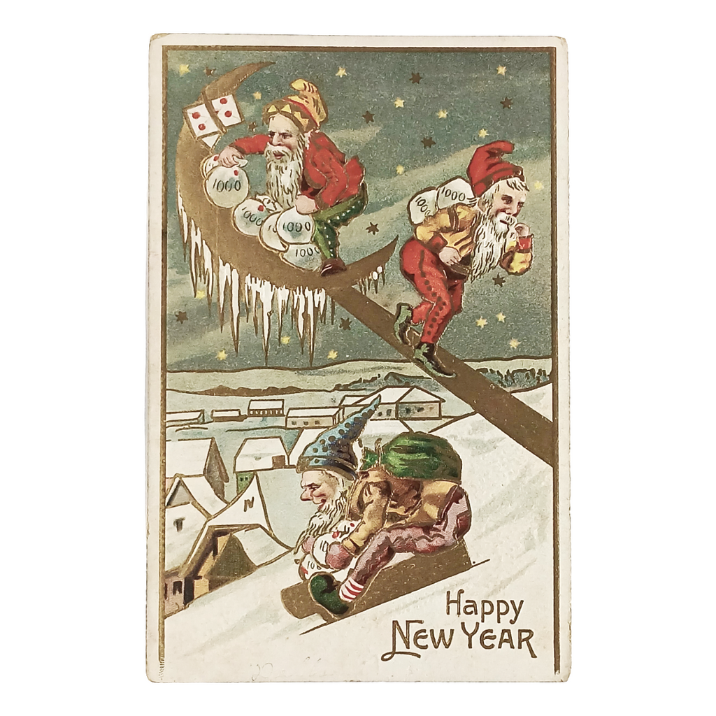 New Year's Postcard Gold Embossed Card Elves Stealing Money Bags from Moon