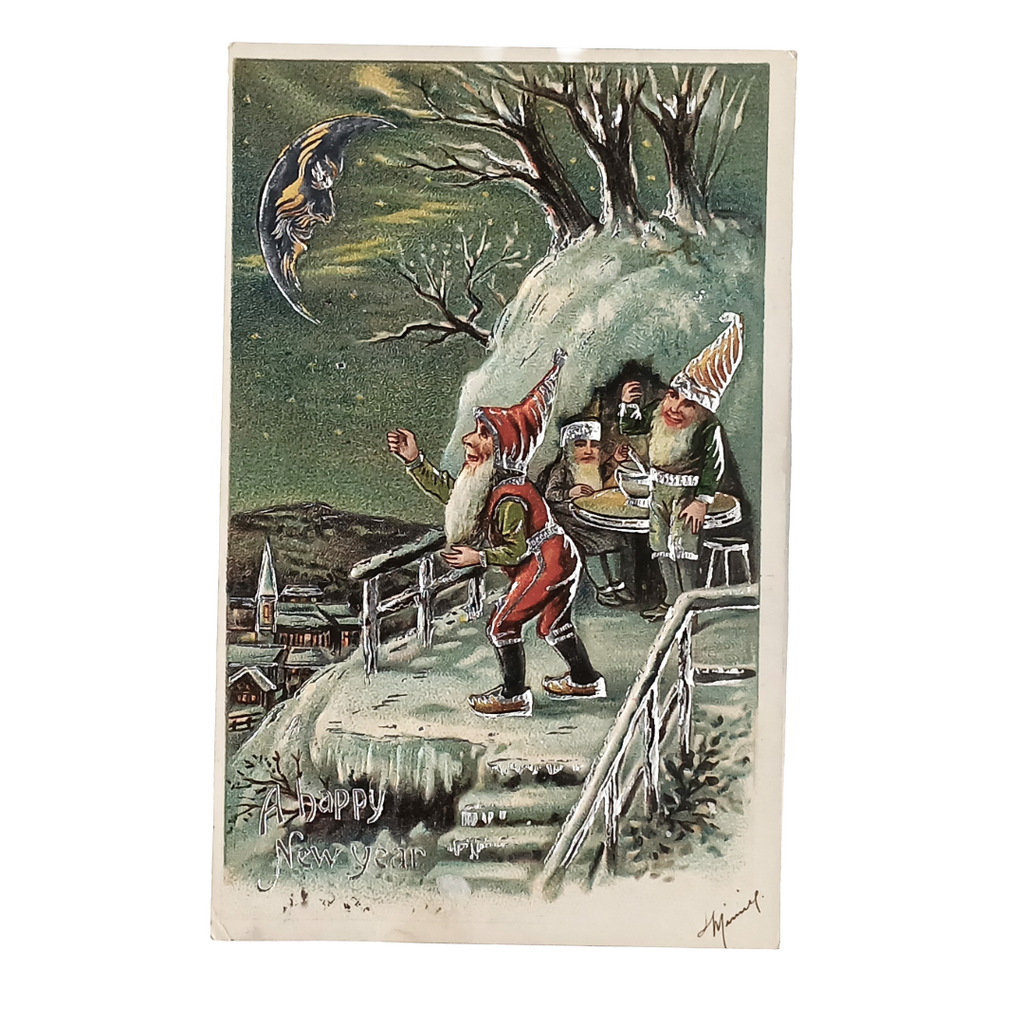New Year's Greeting Postcard Gnomes with Moon Silver Embossed