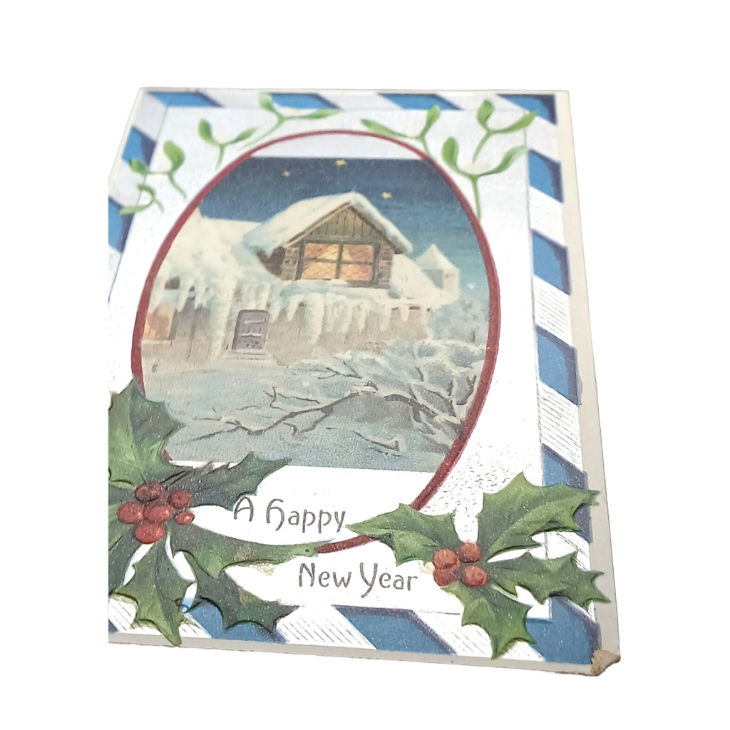 New Year Postcard Cabin In Snowy Forest Silver Embossed Background