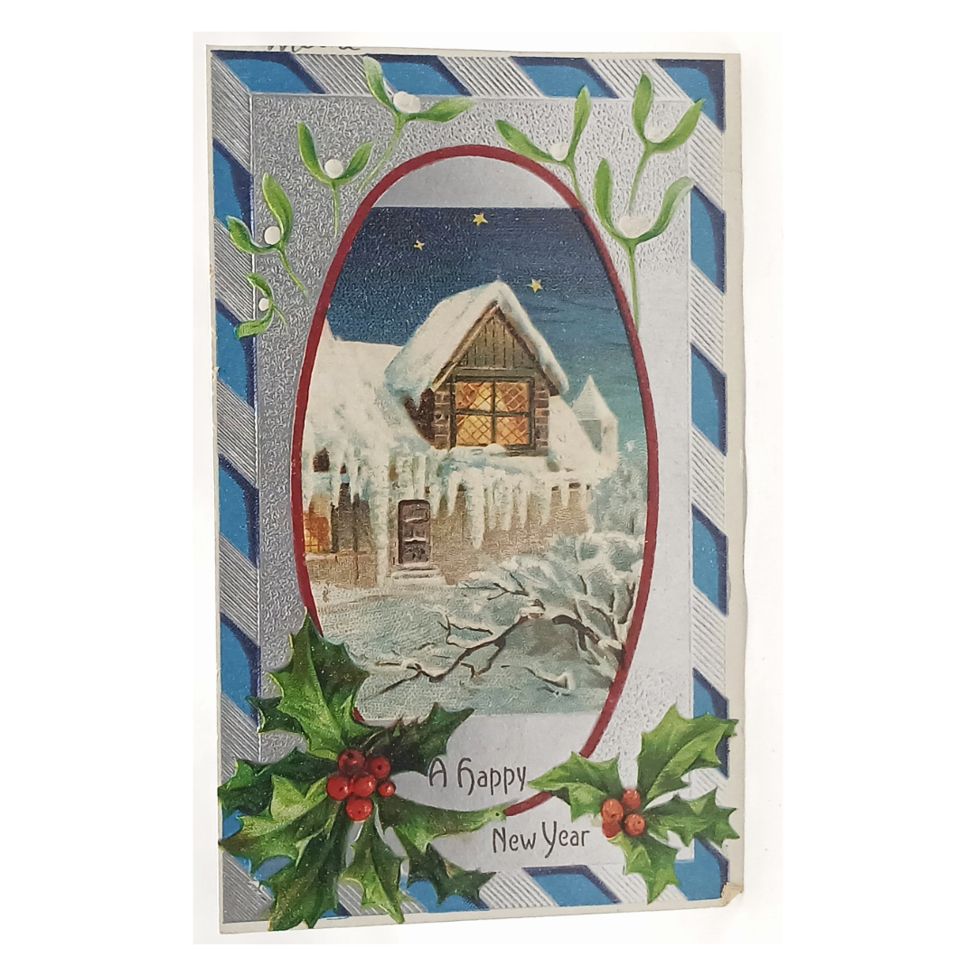 New Year Postcard Cabin In Snowy Forest Silver Embossed Background