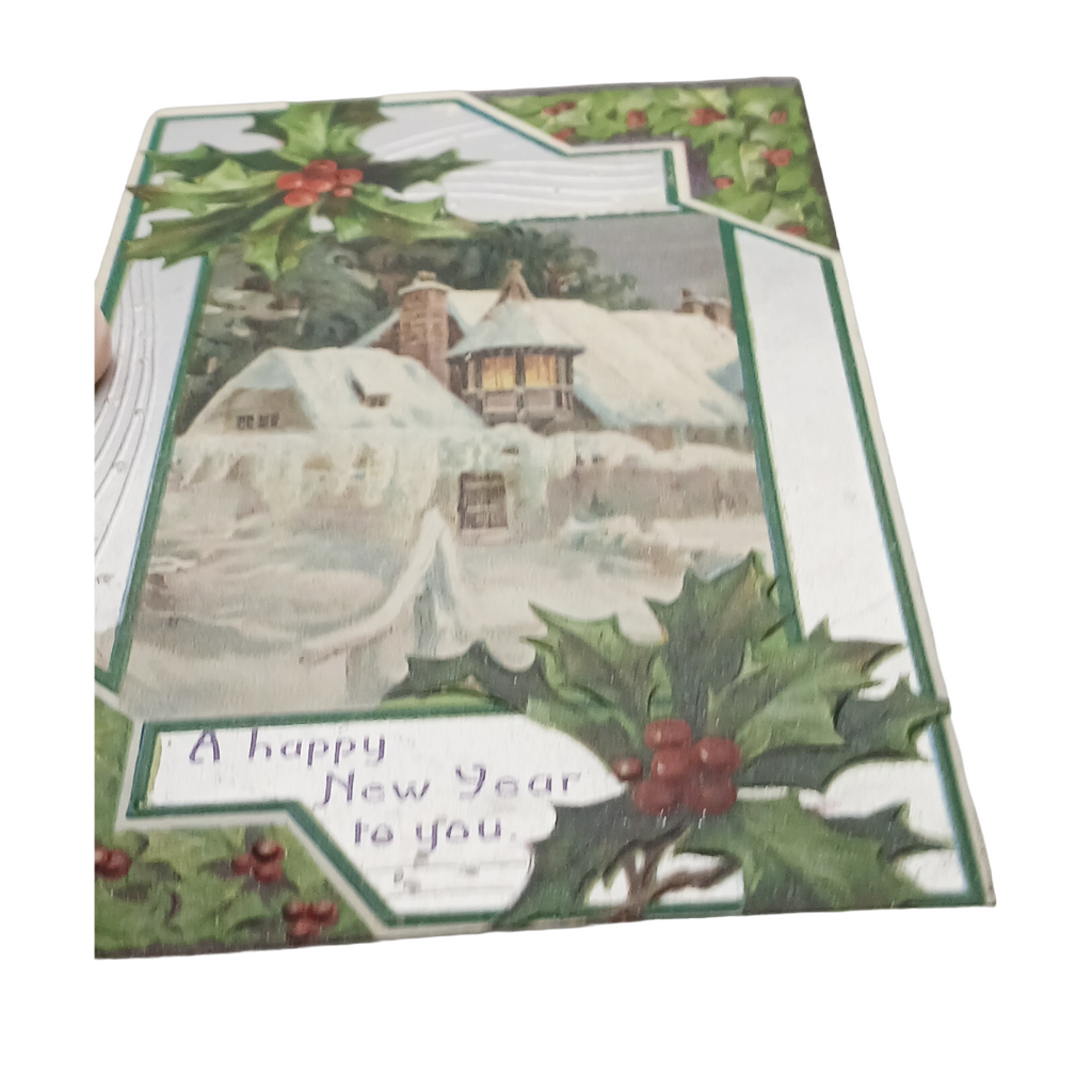 Antique Happy New Year Postcard | Silver Embossed Winter Landscape | Vintage Holiday Card