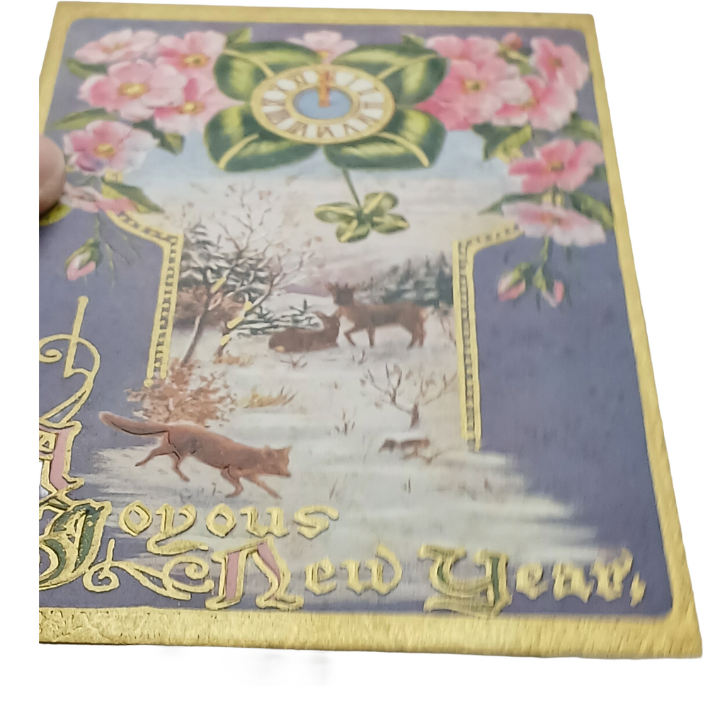 Vintage New Year Postcard | Gold Embossed Deer & Fox in Snowy Landscape