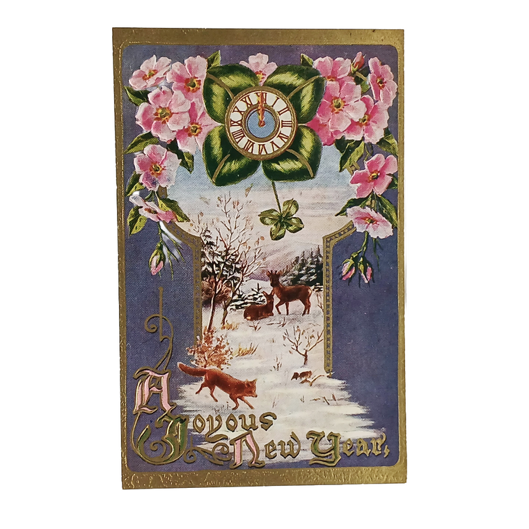 Vintage New Year Postcard | Gold Embossed Deer & Fox in Snowy Landscape