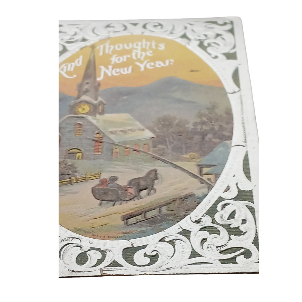 Vintage New Year Postcard | Silver Embossed Card | Sleigh Ride at Night