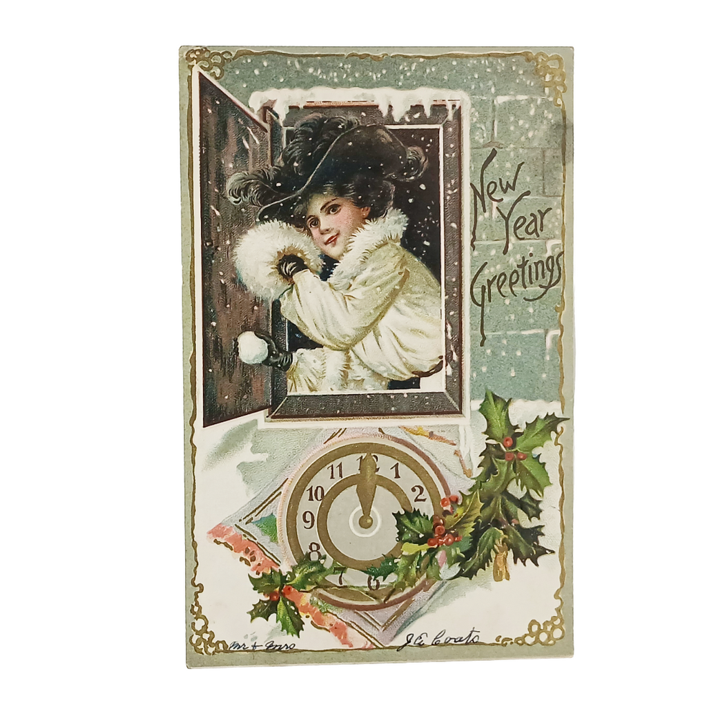 New Year's Greeting Postcard Woman in White Raphael Tuck Series 145
