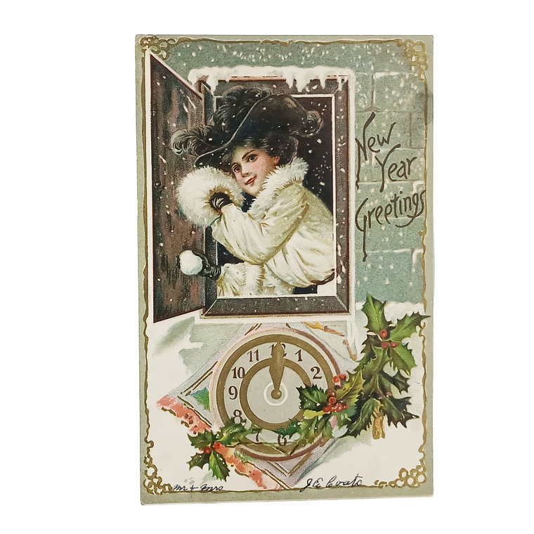 New Year's Greeting Postcard Woman in White Raphael Tuck Series 145