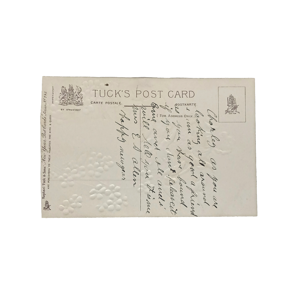 New Year Postcard Tuck Father Time w/ Cherub On Calendar Embossed Gold Background