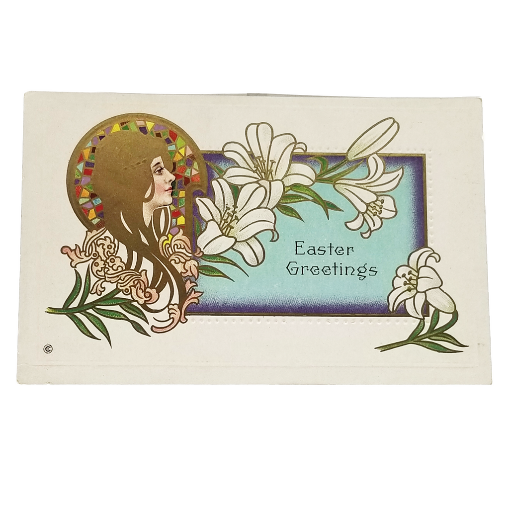 Easter Postcard Art Nouveau Woman Golden Hair Lilies Series 307