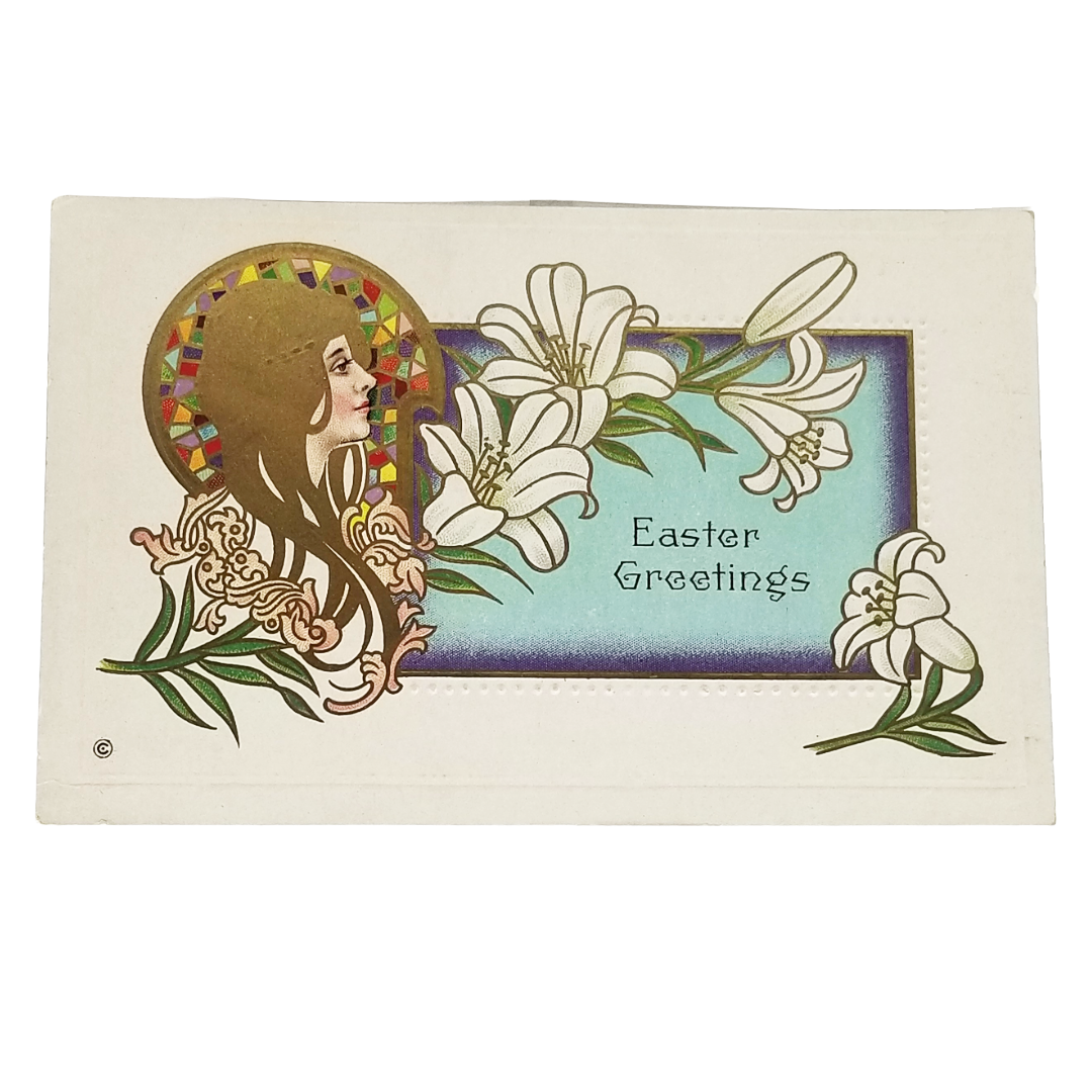 Easter Postcard Art Nouveau Woman Golden Hair Lilies Series 307