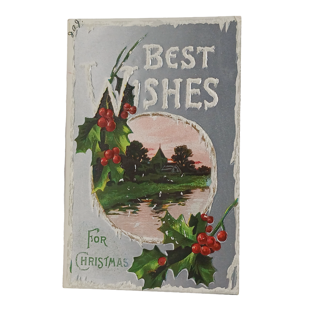Christmas Postcard Silver Embossed Landscape with Snow & Holly
